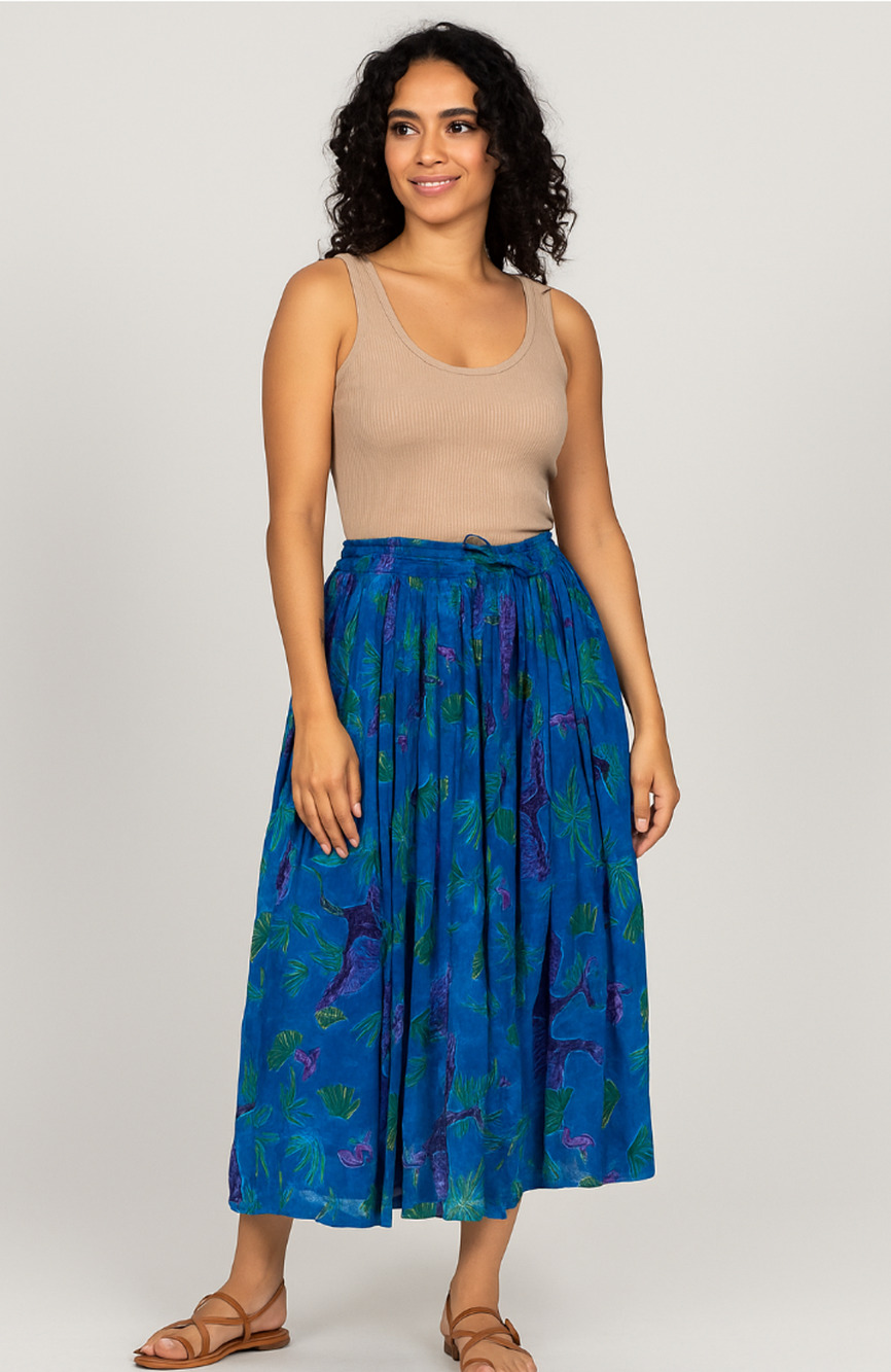 Artistic boho chic tropical whimsical Blue Purple Swirl long Skirt M fits L/XL